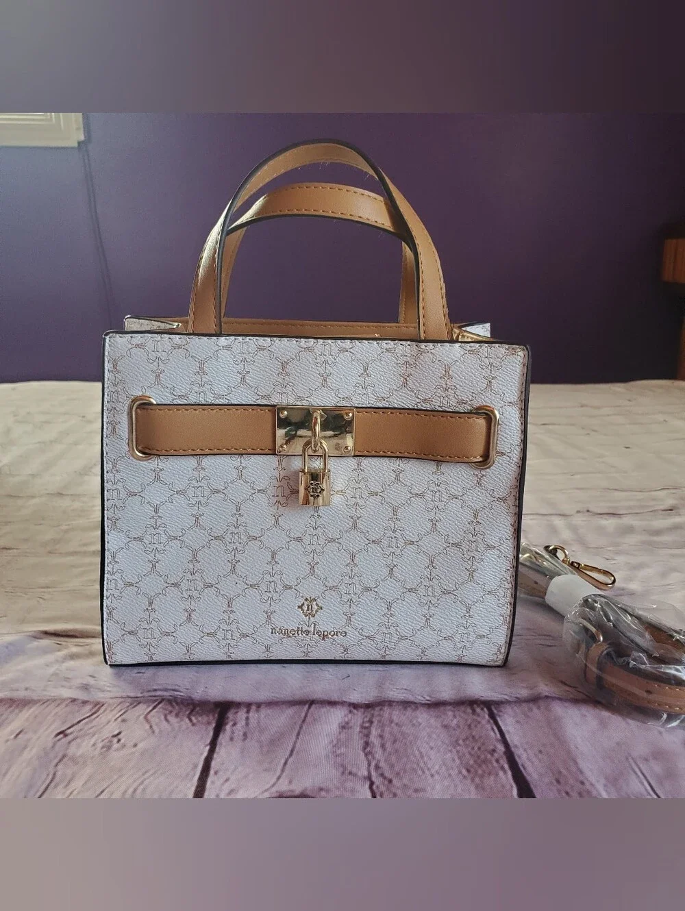 Nanette Lepore White & Tan Shoulder Bag With Lock Accent Preppy Office Career
